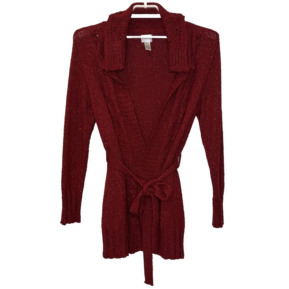 Chico's Sweater Open Front Cardigan Size 2 Red‎ Metallic Long Sleeve Collar Belt